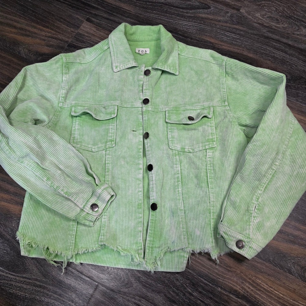 POL  Corduroy Jacket Lime Green Distressed Button Front‎ Long Sleeve Women Small